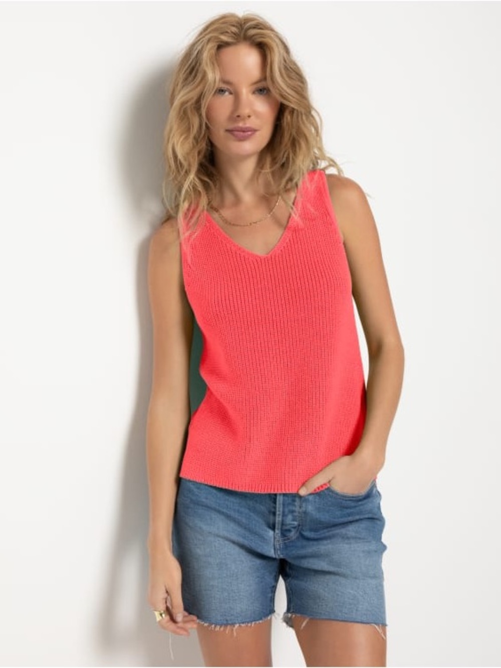 V-Neck Knit Tank Top in Coral Pink